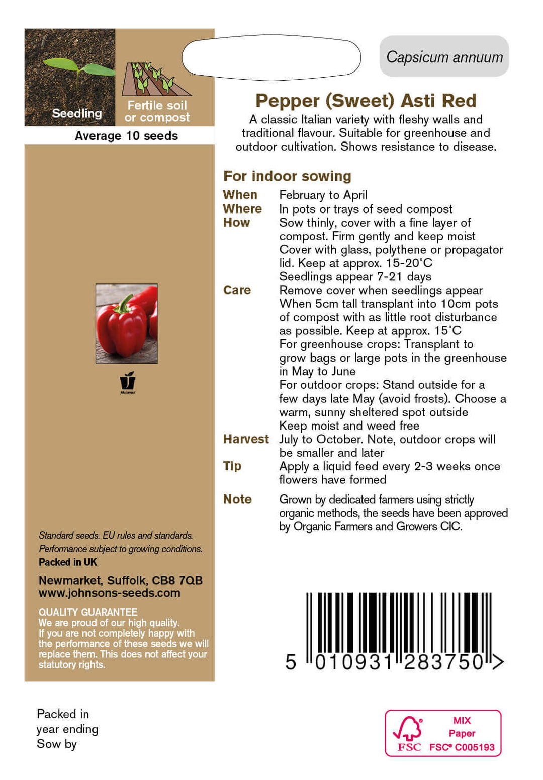 Johnsons PEPPER (Sweet) Asti Red (ORGANIC SEED) Seeds - LGC