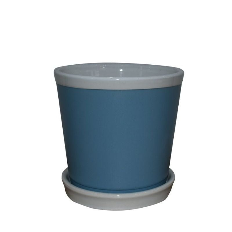 YG Ceramic Pot with attached Saucer - Blue - LGC